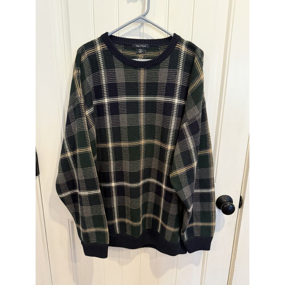Nautica Men’s XXL Plaid Cotton Crewneck Sweater Green Navy Gray NWOT